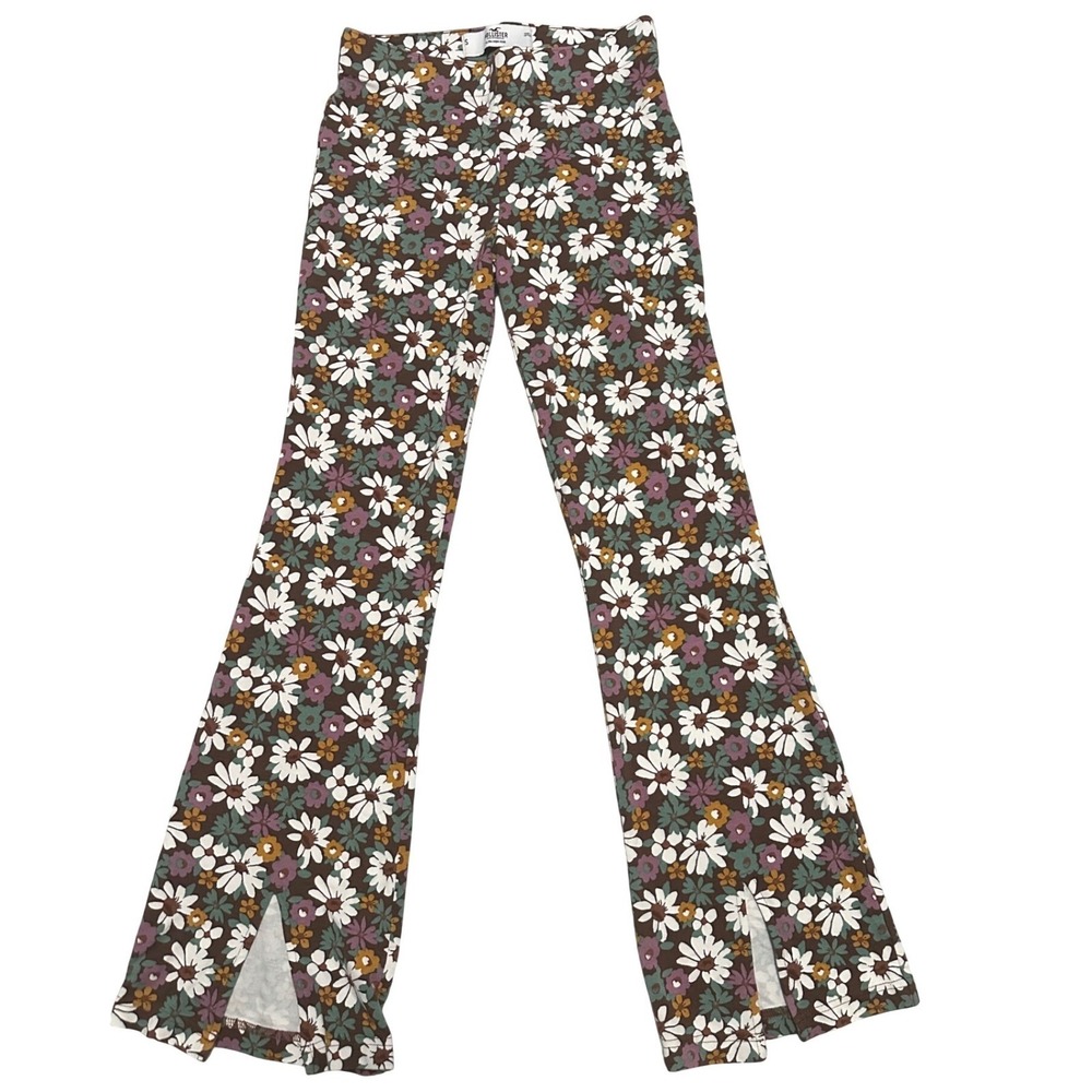 Hollister Ultra High Rise Flare Floral‎ Pants Brown Split Hem S Hippie Festival
